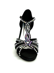 Carica immagine nella Galleria, TANIA Superb (accollata) L13P - Scarpa da Ballo in Raso Seta Nero con Swarovski Boreali e Tacco Basso a Spillo Largo con Plateau