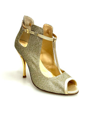 Carica immagine nella Galleria, Jenny (18/06) - Scarpa in Glitter Oro Platino con dettagli e Cinturini in Lurex Oro Tacco a Spillo Laminato Oro