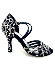 Carica immagine nella Galleria, CAROLIN QC (Marea L14) - Scarpa Da Donna Bi-Flex in Raso Seta Leopardo Bianco Con Swarovski Boreali e Tacco a Rocchetto/Slim Latino Alto