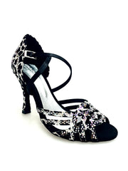 Carica immagine nella Galleria, CAROLIN QC (Marea L14) - Scarpa Da Donna Bi-Flex in Raso Seta Leopardo Bianco Con Swarovski Boreali e Tacco a Rocchetto/Slim Latino Alto