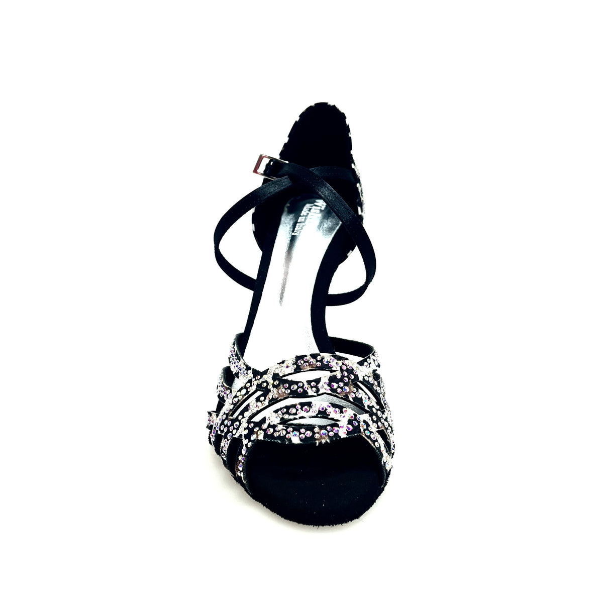 Scarpa da donna Carolin QC Wish Dance Shop, bi-flex in raso seta leopardato bianco con Swarovski e tacco a rocchetto alto.