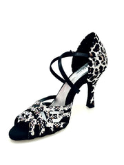 Carica immagine nella Galleria, CAROLIN QC (Marea L14) - Scarpa Da Donna Bi-Flex in Raso Seta Leopardo Bianco Con Swarovski Boreali e Tacco a Rocchetto/Slim Latino Alto