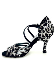 Carica immagine nella Galleria, CAROLIN QC (Marea L14) - Scarpa Da Donna Bi-Flex in Raso Seta Leopardo Bianco Con Swarovski Boreali e Tacco a Rocchetto/Slim Latino Alto