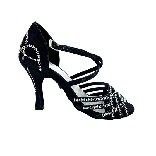Scarpa da donna Carolin QC Marea L14 di Wish Dance Shop, bi-Flex in raso seta nero con Swarovski, tacco alto a rocchetto slim