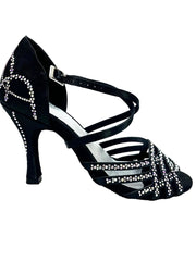 Load image into Gallery viewer, CAROLIN QC (Marea L14) - Woman's Shoe Bi-Flex Line in Black Satin Silk With Boreal Swarovski and Spool Heel / Slim Latin