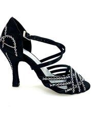 Load image into Gallery viewer, CAROLIN QC (Marea L14) - Woman's Shoe Bi-Flex Line in Black Satin Silk With Boreal Swarovski and Spool Heel / Slim Latin