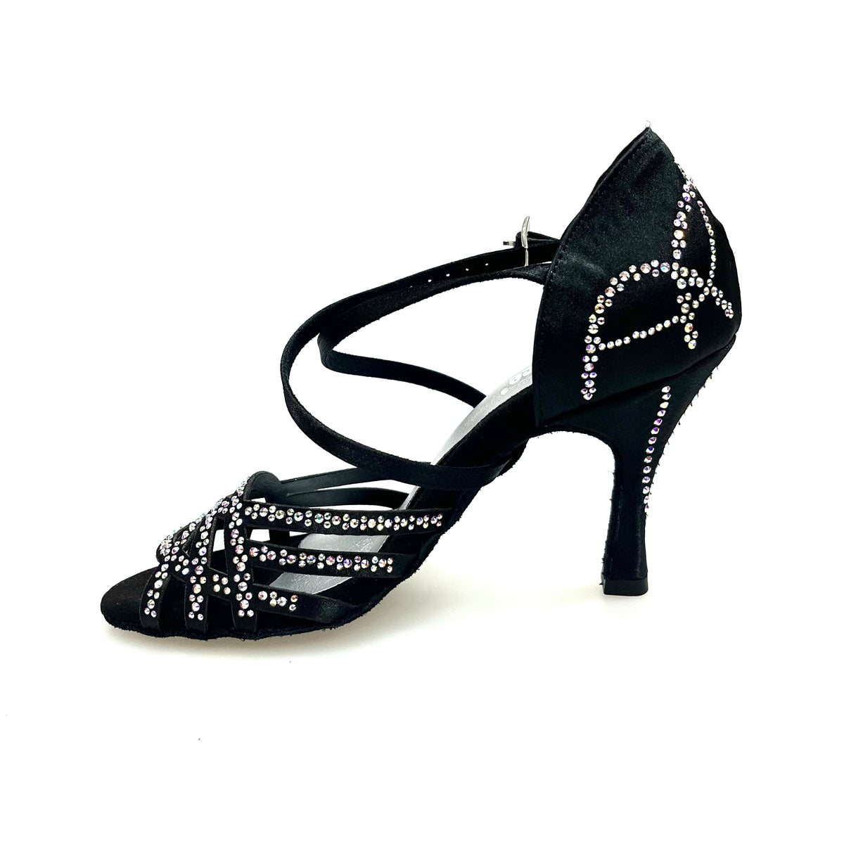 Scarpa da donna Carolin QC Marea L14 Wish Dance Shop in raso seta nero corvino con Swarovski e tacco a rocchetto alto.