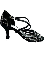 Carica immagine nella Galleria, CAROLIN QC (Marea L14) - Scarpa Da Donna Linea Bi-Flex in Raso Seta Nero Corvino Con Swarovski Boreali e Tacco a Rocchetto/Slim Latino Basso