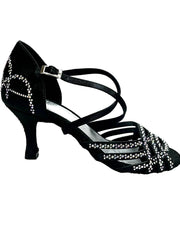 Carica immagine nella Galleria, CAROLIN QC (Marea L14) - Scarpa Da Donna Linea Bi-Flex in Raso Seta Nero Corvino Con Swarovski Boreali e Tacco a Rocchetto/Slim Latino Basso