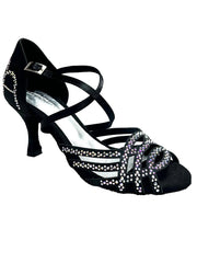 Carica immagine nella Galleria, CAROLIN QC (Marea L14) - Scarpa Da Donna Linea Bi-Flex in Raso Seta Nero Corvino Con Swarovski Boreali e Tacco a Rocchetto/Slim Latino Basso
