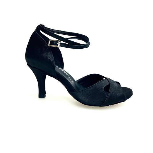 Scarpa da donna Ely QB Wish Dance Shop in raso nero con cinturino doppio alla caviglia e tacco largo a spillo.