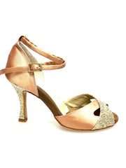 Carica immagine nella Galleria, Ely QB (32QB) - Scarpa Basica da Donna in Raso Carne e Prisma Boreale Oro con Cinturino Doppio sulla Caviglia e Tacco Rocchettino