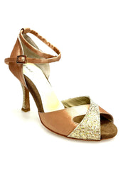 Carica immagine nella Galleria, Ely QB (32QB) - Scarpa Basica da Donna in Raso Carne e Prisma Boreale Oro con Cinturino Doppio sulla Caviglia e Tacco Rocchettino Wishdance