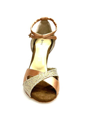 Carica immagine nella Galleria, Ely QB (32QB) - Scarpa Basica da Donna in Raso Carne e Prisma Boreale Oro con Cinturino Doppio sulla Caviglia e Tacco Rocchettino