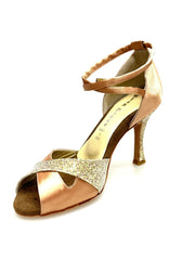 Carica immagine nella Galleria, Ely QB (32QB) - Scarpa Basica da Donna in Raso Carne e Prisma Boreale Oro con Cinturino Doppio sulla Caviglia e Tacco Rocchettino Wishdance