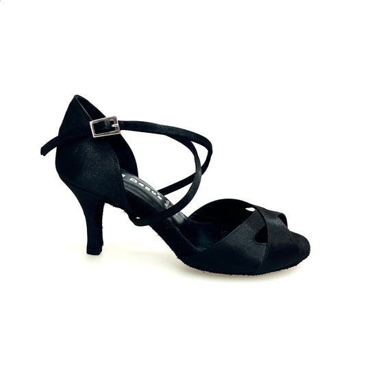 Scarpa Wishdance Ely QC donna in raso nero con cuscino memorex, cinturino incrociato, tacco largo e punta spillo.