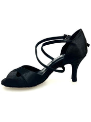 Load image into Gallery viewer, Ely QC (32QC) - Women's Basic Shoe in Black Satin with memorex Cushion and Crossed Strap on the Foot Neck