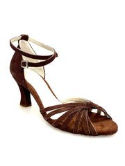 Carica immagine nella Galleria, Patty QB (28QB) - Scarpa da Ballo Basica da Donna con Nodino in Camoscio Marrone Tacco a Rocchetto