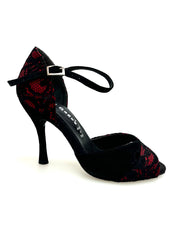 Carica immagine nella Galleria, Ely QA (32QA) - Scarpa da Donna in Pizzo fiore Nero Base Raso Rosso e Camoscio Nero