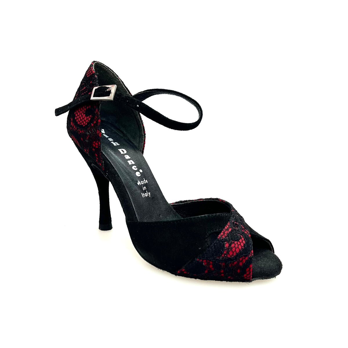 Scarpa da donna Wishdance Ely QA in pizzo fiore nero con base in raso rosso e camoscio nero, elegante e femminile.