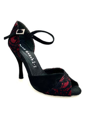 Carica immagine nella Galleria, Ely QA (32QA) - Scarpa da Donna in Pizzo fiore Nero Base Raso Rosso e Camoscio Nero