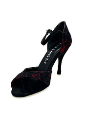 Carica immagine nella Galleria, Ely QA (32QA) - Scarpa da Donna in Pizzo fiore Nero Base Raso Rosso e Camoscio Nero