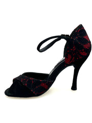 Carica immagine nella Galleria, Ely QA (32QA) - Scarpa da Donna in Pizzo fiore Nero Base Raso Rosso e Camoscio Nero