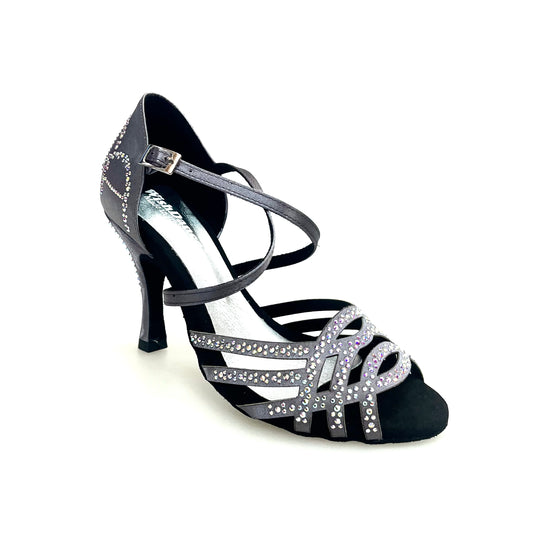 Scarpa da donna Carolin QC Wish Dance Shop in raso seta grigio canna di fucile con Swarovski Boreali e tacco a rocchetto alto