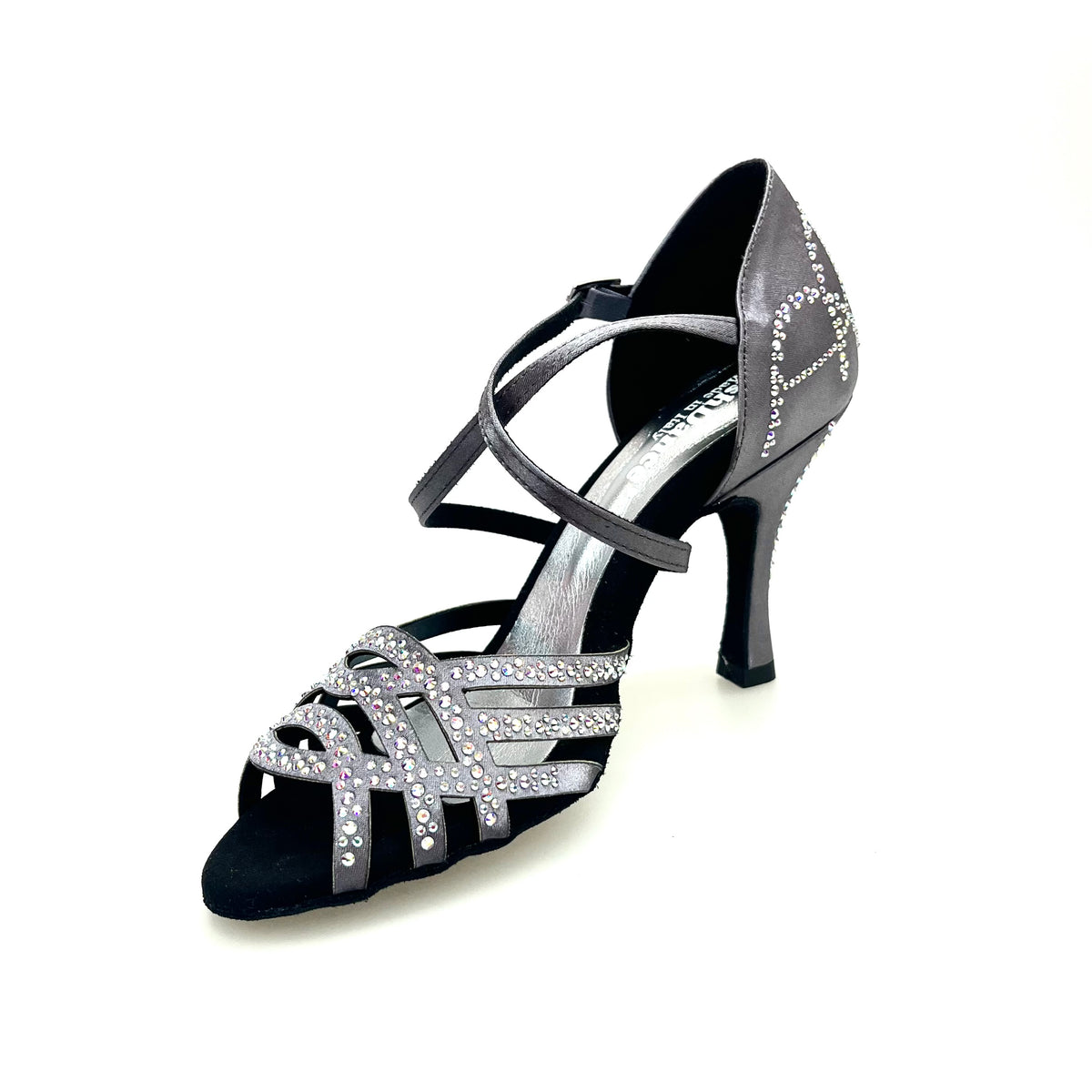 Scarpa Da Donna in Raso Seta Grigio Canna di Fucile Con Swarovski Boreali e Tacco a Rocchetto/Slim Latino, dettaglio suola