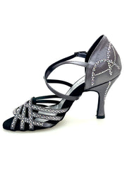 Carica immagine nella Galleria, CAROLIN QC (Marea L14) - Scarpa Da Donna in Raso Seta Grigio Canna di Fucile Con Swarovski Boreali e Tacco a Rocchetto/Slim Latino Alto