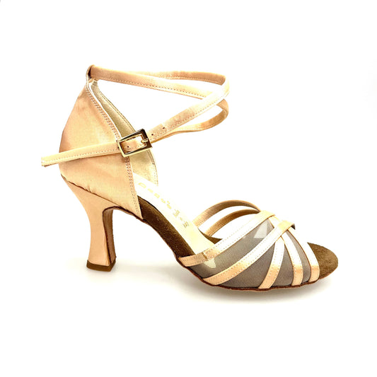 Scarpa basic donna Lorena QB Wish Dance Shop in raso seta carne con retina, cinturino doppio e tacco a rocchetto.
