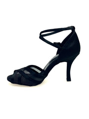 Carica immagine nella Galleria, Melany QB (45R QB) - Scarpa Basica da donna in Raso Nero con Retina e Cinturino Doppio sulla Caviglia con Tacco Rocchettino