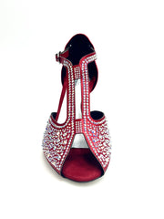 Load image into Gallery viewer, MIRIAM Temptation Plus (L6) - Scarpa Da Donna in Raso Seta Rosso Con Swarovski Boreali e Tacco a Rocchetto