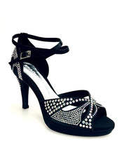 Load image into Gallery viewer, Deluxe Butterfly (LP2) - Scarpa da Ballo in Raso Seta Nera con Swarovski Tacco Basso a Spillo Largo e Plateau Flex