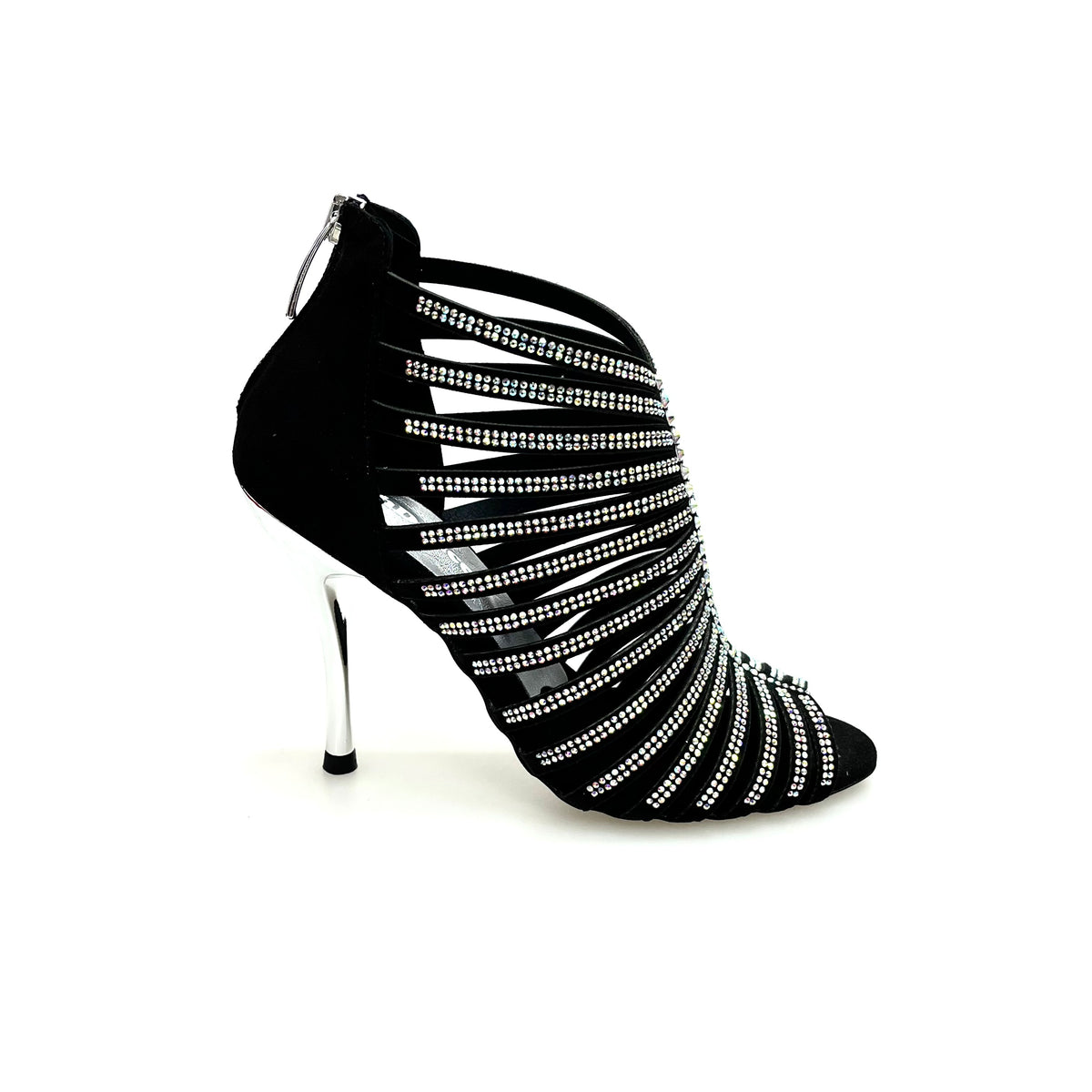Sandalo a Tronchetto Da Donna in Raso Seta Nero Con Swarovski Boreali e Tacco a Spillo Laminato Argento, vista tre quarti