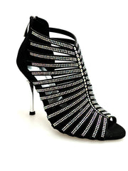 Carica immagine nella Galleria, ELSY Plus (L7) - Sandalo a Tronchetto Da Donna in Raso Seta Nero Con Swarovski Boreali e Tacco a Spillo Laminato Argento