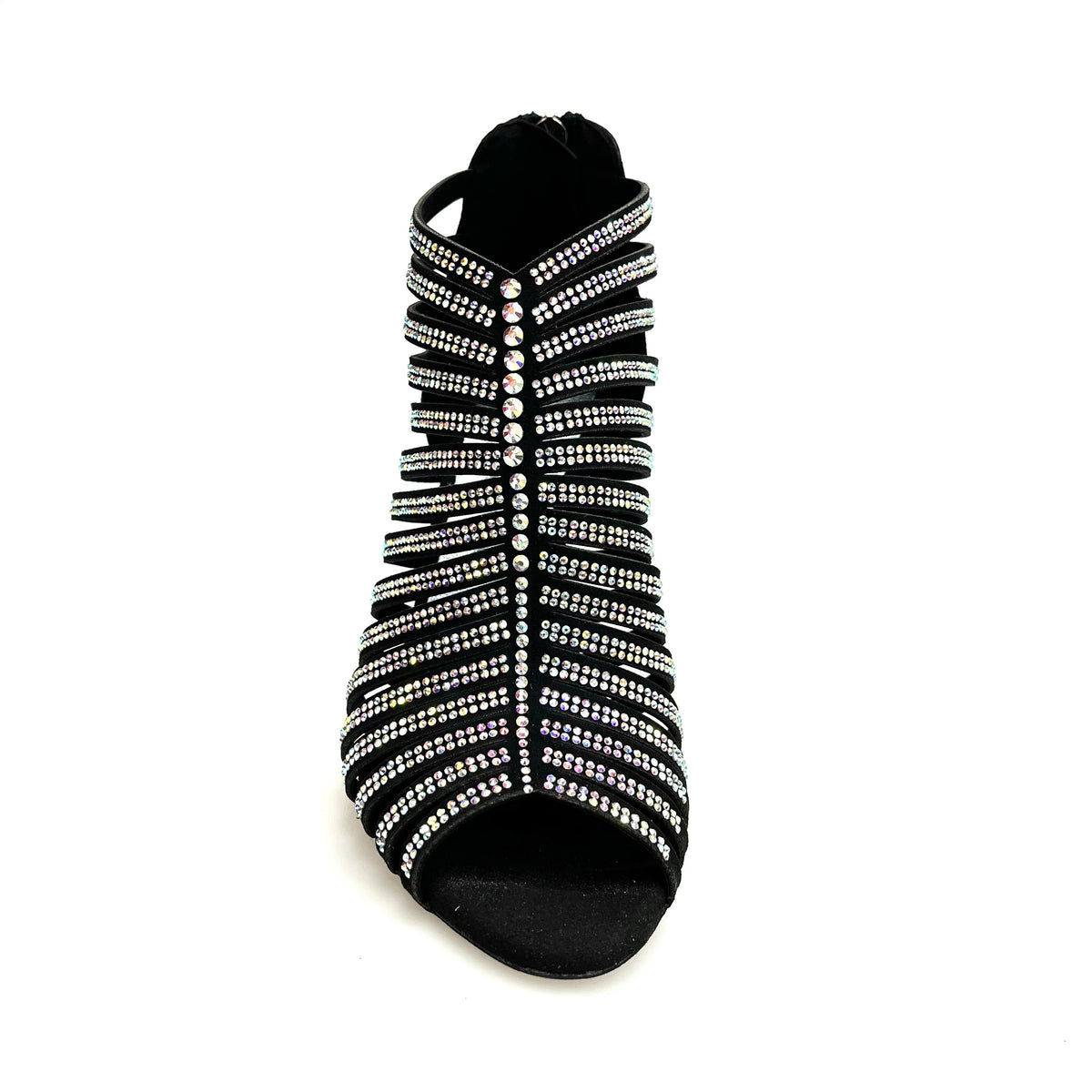 Sandalo a tronchetto da donna ELSY Plus (L7) in raso seta nero con Swarovski Boreali e tacco a spillo laminato argento
