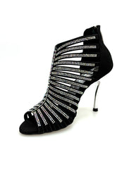 Load image into Gallery viewer, ELSY Plus (L7) - Sandalo a Tronchetto Da Donna in Raso Seta Nero Con Swarovski Boreali e Tacco a Spillo Laminato Argento