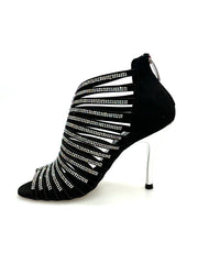 Carica immagine nella Galleria, ELSY Plus (L7) - Sandalo a Tronchetto Da Donna in Raso Seta Nero Con Swarovski Boreali e Tacco a Spillo Laminato Argento