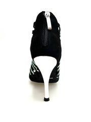 Carica immagine nella Galleria, ELSY Plus (L7) - Sandalo a Tronchetto Da Donna in Raso Seta Nero Con Swarovski Boreali e Tacco a Spillo Laminato Argento