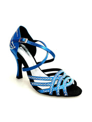 Carica immagine nella Galleria, CAROLIN QC (Marea L14) - Scarpa Da Donna Linea Bi-Flex in Raso Seta Blu Royal Con Swarovski Boreali e Tacco a Rocchetto/Slim Latino Alto