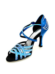 Carica immagine nella Galleria, CAROLIN QC (Marea L14) - Scarpa Da Donna Linea Bi-Flex in Raso Seta Blu Royal Con Swarovski Boreali e Tacco a Rocchetto/Slim Latino Alto