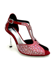 Load image into Gallery viewer, MIRIAM Temptation Plus (L6) - Scarpa Da Donna in Raso Seta Rosso Con Swarovski Boreali e Tacco a Stiletto Laminato Argento