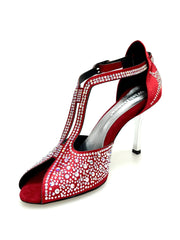 Load image into Gallery viewer, MIRIAM Temptation Plus (L6) - Scarpa Da Donna in Raso Seta Rosso Con Swarovski Boreali e Tacco a Stiletto Laminato Argento