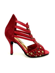 Load image into Gallery viewer, Swann Elizabeth Pirata (460PW) - Sandalo da Donna in Camoscio Rosso con Borchie Oro e Swarovski Neri Incastonati elastici Oro e tacco a spillo Rivestito Camoscio Rosso