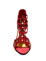 Load image into Gallery viewer, Swann Elizabeth Pirata (460PW) - Sandalo da Donna in Camoscio Rosso con Borchie Oro e Swarovski Neri Incastonati elastici Oro e tacco a spillo Rivestito Camoscio Rosso