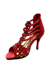 Load image into Gallery viewer, Swann Elizabeth Pirata (460PW) - Sandalo da Donna in Camoscio Rosso con Borchie Oro e Swarovski Neri Incastonati elastici Oro e tacco a spillo Rivestito Camoscio Rosso