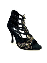 Carica immagine nella Galleria, Carola Leopard (460PW) - Sandalo da Donna in Camoscio Nero con Livrea Leopardo in borchiette Oro e Marroni e Swarovski Neri e tacco a spillo rivestito in Camoscio Nero