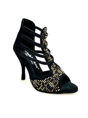 Carica immagine nella Galleria, Carola Leopard (460PW) - Sandalo da Donna in Camoscio Nero con Livrea Leopardo in borchiette Oro e Marroni e Swarovski Neri e tacco a spillo rivestito in Camoscio Nero Wish Dance Shop