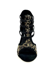 Carica immagine nella Galleria, Carola Leopard (460PW) - Sandalo da Donna in Camoscio Nero con Livrea Leopardo in borchiette Oro e Marroni e Swarovski Neri e tacco a spillo rivestito in Camoscio Nero Wish Dance Shop